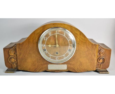 A 1950s Walnut Cased Westminster Chime Mantel Clock by Garrard with Engraved Presentation Plate for Barrow Golf Club 1920-195