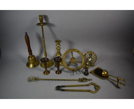 A Collection of Various Brassware to Include Candlestick, Wooden Handled Bell, Yellow Vases, Fire Irons, Fire Dog Etc 