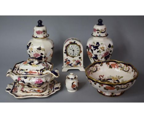 A Collection of Six Pieces of Masons Mandalay China to include Lidded Vases, Mantel Clock, Lidded Tureen on Stand, Bowl, Mini