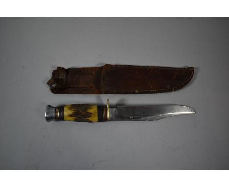 A Bone Handled Hunting Knife with Leather Scabbard (Scabbard AF) 25.5cms Long 