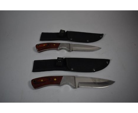 A Modern Wooden Handled Hunting Knife in Canvas Scabbard, 26cms Long 