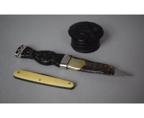 A Victorian Irish Carved Bog Oak Blarney Castle Souvenir Circular Box (Lid Glued), Small Dagger with Jewelled Carved Handle a