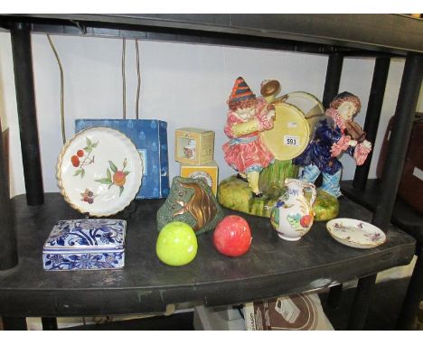 A shelf of pottery, china etc including large figure of Boy and Girl playing drum and violin