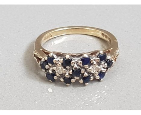 9CT GOLD DIAMOND AND SAPPHIRE CLUSTER RING 3G SIZE M