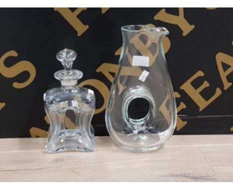 SMALL HOLMEGAARD KLUK KLUK DECANTER TOGETHER WITH MODERNIST SCANDINAVIAN GLASS HOLE WINE CARAFE