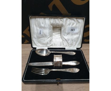 HALLMARKED SILVER CHRISTENING KNIFE FORK SPOON AND NAPKIN RING WEIGHABLE SILVER 66.3 GRAMS GROSS WEIGHT 93.7 GRAMS