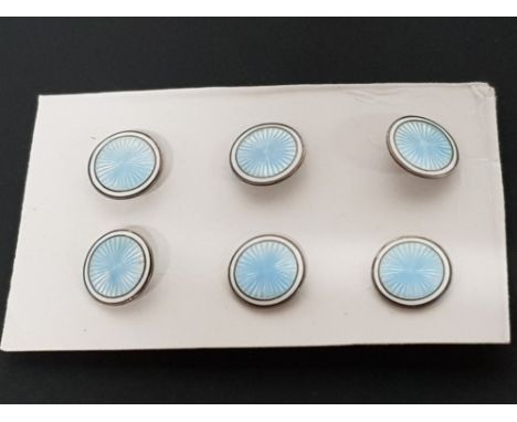 RARE SET OF 6 CLEMENT BERG OSLO-NORWAY BLUE AND WHITE STERLING ENAMEL BUTTONS, MARKED 925 AND CLEMENT BERGS TOOLS MARKS, IN G