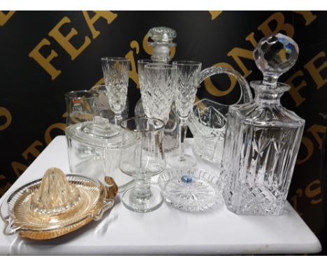 A LOT OF ASSORTED GLASS WARE INCLUDES GEORGIAN 3 RING DECANTER WITH LATER MUSHROOM STOPPER ROYAL BRIERLEY