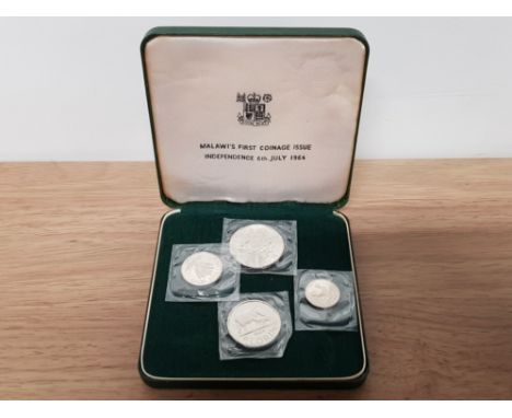 CASED SET OF MALAWI'S FIRST COINAGE 1964 ISSUE OF INDEPENDENCE, UNCIRCULATED IN ORIGINAL CASE STILL SEALED FLORIN, SIX PENCE,