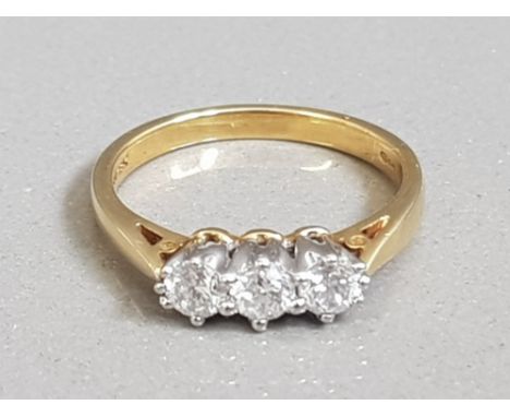 18CT GOLD THREE STONE DIAMOND RING CLAW SET ROUND CUT STONES 3.2G SIZE L