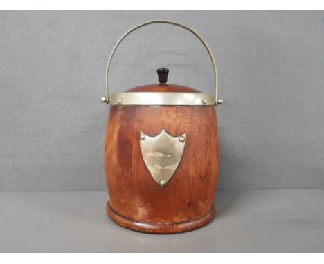 VINTAGE WOODEN BISCUIT BARREL LINED WITH CERAMIC INSIDE AND HAS EPNS SHIELD AND HANDLE