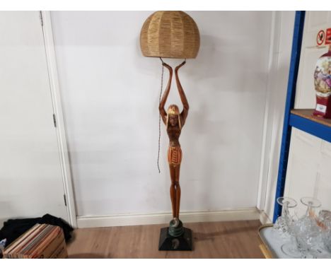 HAND CARVED STANDARD LAMP IN THE FORM OF AN EGYPTIAN PHARAOH HOLDING THE SUN WITH CARVED COBRA SNAKE