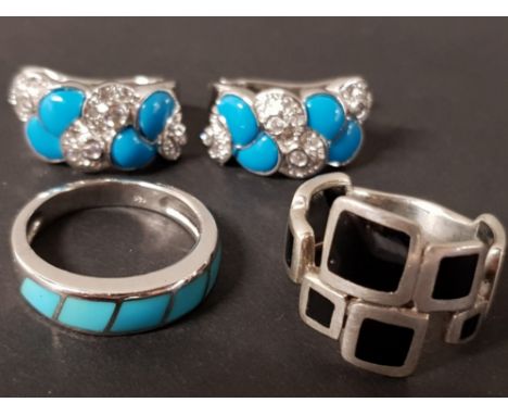 BLACK ENAMEL RING AND TURQUOISE ENAMEL RING BOTH SIZE O TOGETHER WITH A PAIR OF SILVER CZ AND TURQUOISE EARRINGS