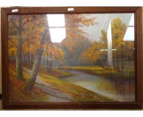 R D Sherrin, gouache, autumn view, and gouache, mountain lake, 40cm x 55cm, framed 