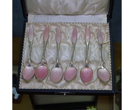 A set of sterling silver and pink enamel teaspoons, by Frigast of Denmark, in fitted case 