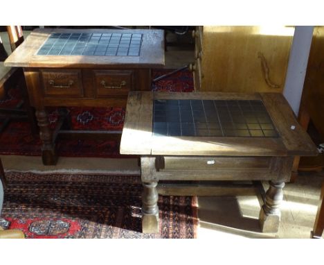 An American oak and tile-top side table with single drawer, on baluster legs, W71cm, H58cm, bears label for Globe Furniture H