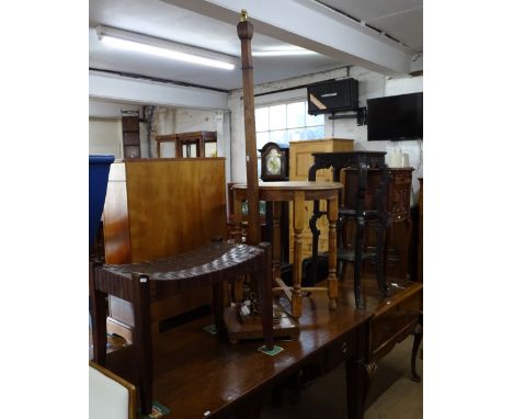 A woven leather-topped stool, an Art Deco standard lamp, and a circular oak occasional table (3) 