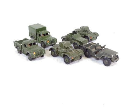 6 Dinky Toys Army vehicles, including armoured car, Jeep, and cargo truck (6) 