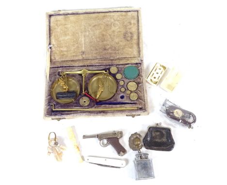 A small cased set of postal scales, Redondo cap gun, Bakelite compass etc 