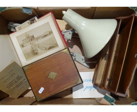 A stationery rack, an anglepoise lamp, an album, a brass-bound box, length 20cm etc 