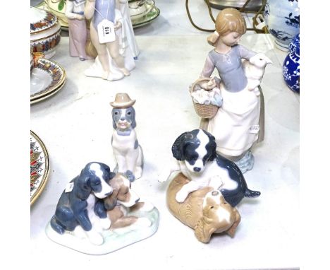 2 NAO puppy groups, a Lladro girl, 25cm, and another dog 