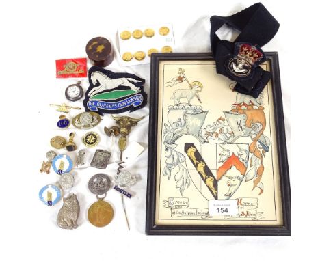 A watercolour heraldic coat of arms, First War medal, fob seal, buttons etc 