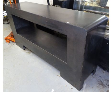 An industrial style patinated steel console table, W160cm, H80cm, D40cm 