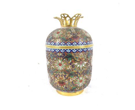 An Oriental cast-brass and cloisonne enamel jar and cover, floral decoration, height 16cm 