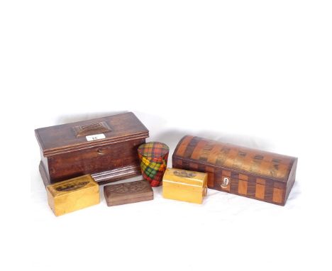 Various boxes, including marquetry inlaid rosewood dome-top glove box, tartanware-cased measuring cup, stamp box etc (6) 