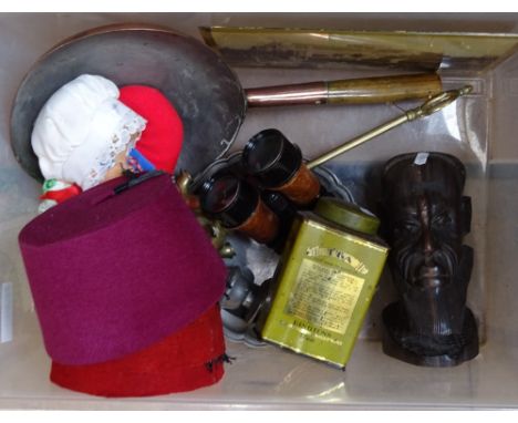Glove puppets, Rye church print, a caddy, a Tribal head, fezes etc 