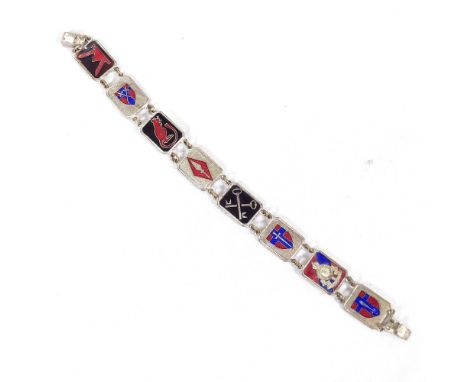 A silver plated enamel military bracelet, made from various Second War badges, including Desert Rats, British Army of Rhine, 