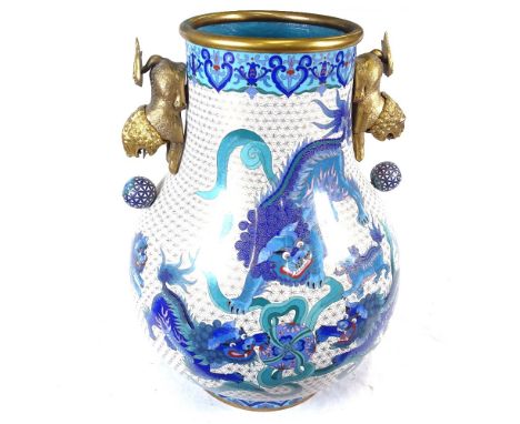 A large Chinese brass and cloisonne enamel vase, with kylin decoration and handles, character mark underneath, height 51cm 