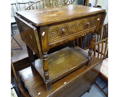 An oak drop leaf console table with single drawer, on turned legs, length 73cm extending to 123cm, height 70cm 