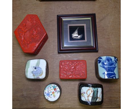 2 cinnabar boxes, various ceramic inset lid boxes, framed Chinese silver junk