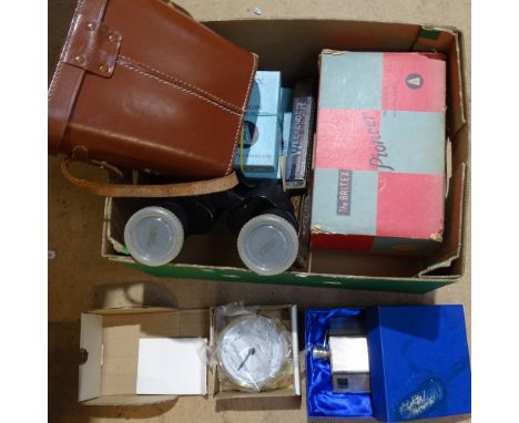 Britex microscope and slides, binoculars, plated flask, harmonica etc 