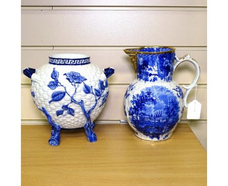 A Victorian Royal Worcester 2-handled pot on twig-design feet, height 20cm, and a Victorian blue and white jug with mask spou