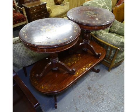 A pair of hardwood and brass inlaid lamp tables, and matching oval coffee table 