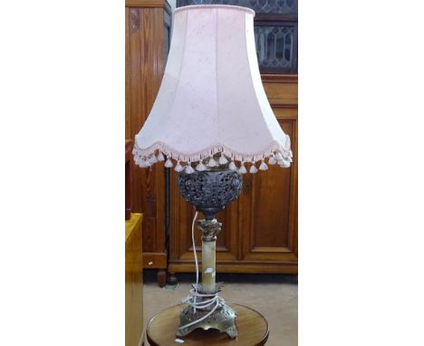 A table lamp and shade, with pierced gilt-brass and marble column, height 96cm 