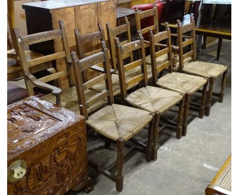 A set of 8 Ipswich oak design ladder-back dining chairs with rush seats 