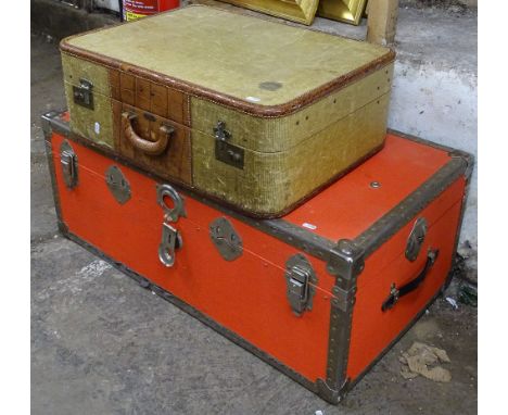 A Vintage steel-bound trunk, and a Vintage Franklin suitcase 