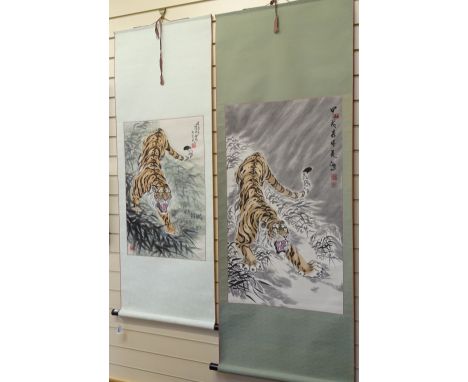 2 Chinese scroll paintings, tiger studies, and another painted scroll with tiger 