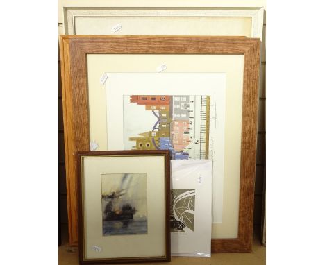 R N Brooksbank, Sandiacre Canal, 36cm x 50cm, framed, and 4 other pictures 