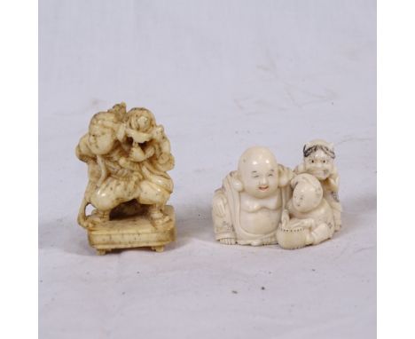 A Japanese Meiji Period carved ivory netsuke, and a carved bone miniature figure on plinth, height 4.5cm (2) 