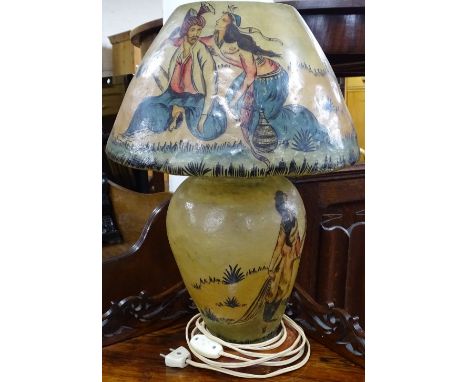 An Bulls bladder skin hand painted table lamp and shade 