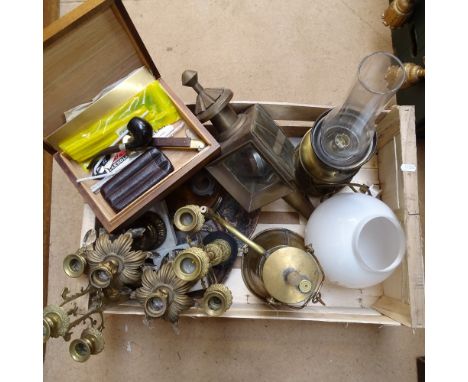 Candlesticks, an oil lamp, a lantern, a box etc 