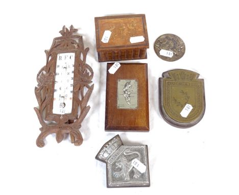 Novelty carved wood book box, mercury thermometer, plaques etc 