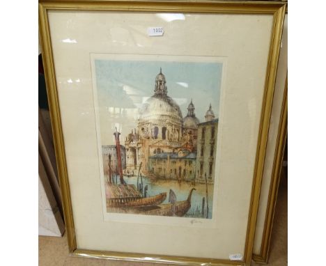 R H Smallridge, pair of original coloured etchings, the Bridge of Sighs Venice, and Santa Maria, 38cm x 50cm, framed 