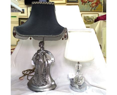 A table lamp supported by an Art Nouveau style lady, 59cm overall, and a smaller table lamp and shade 