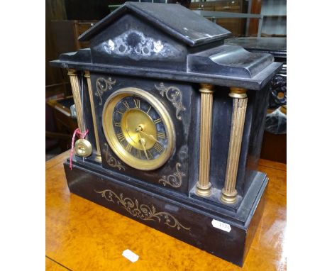 A Victorian black marble and gilded mantel clock, W34cm 