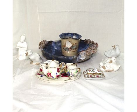 A Studio pottery dish and vase, a Coalport figure, 12cm, a miniature tea set, a Limoges box and dish, and 3 NAO ducks 